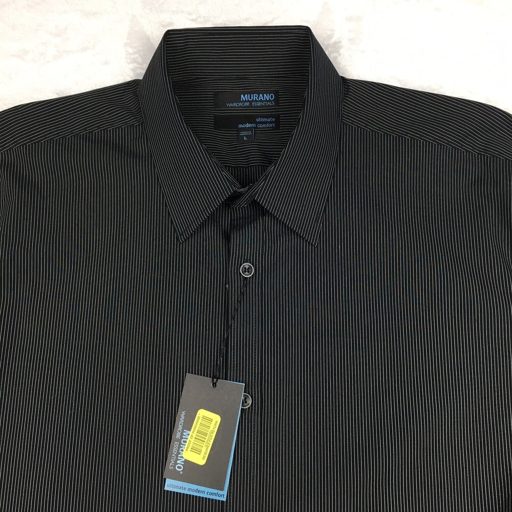Murano Ultimate Modern Comfort Dress Shirt Mens Large Black Pinstripe NWT!